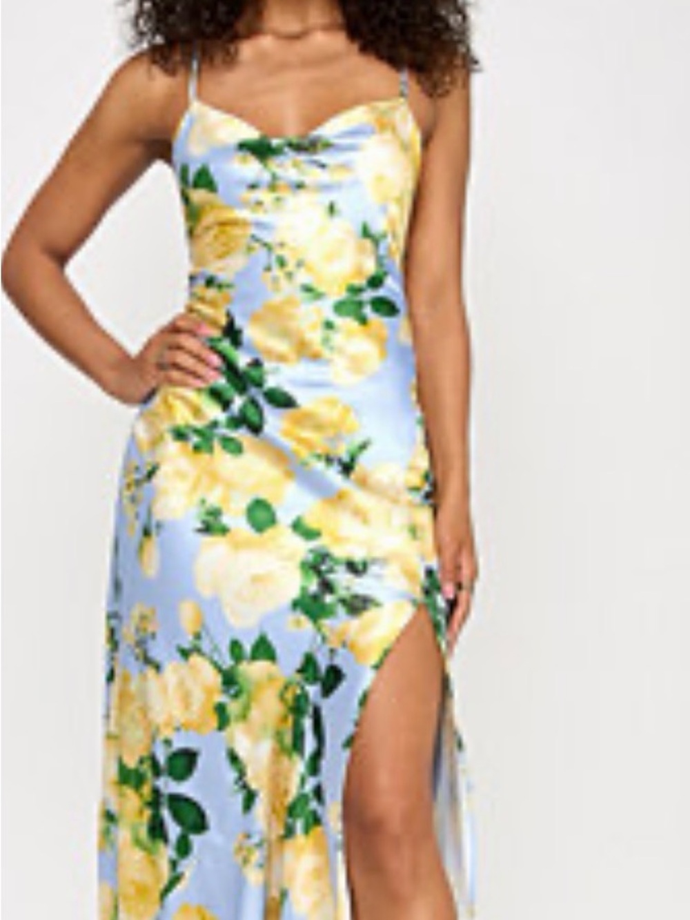 Women's Yellow Floral Slip Dress - Blue Background